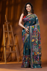 Jungle green artisanal village theme handcrafted silk kantha stitch saree 6
