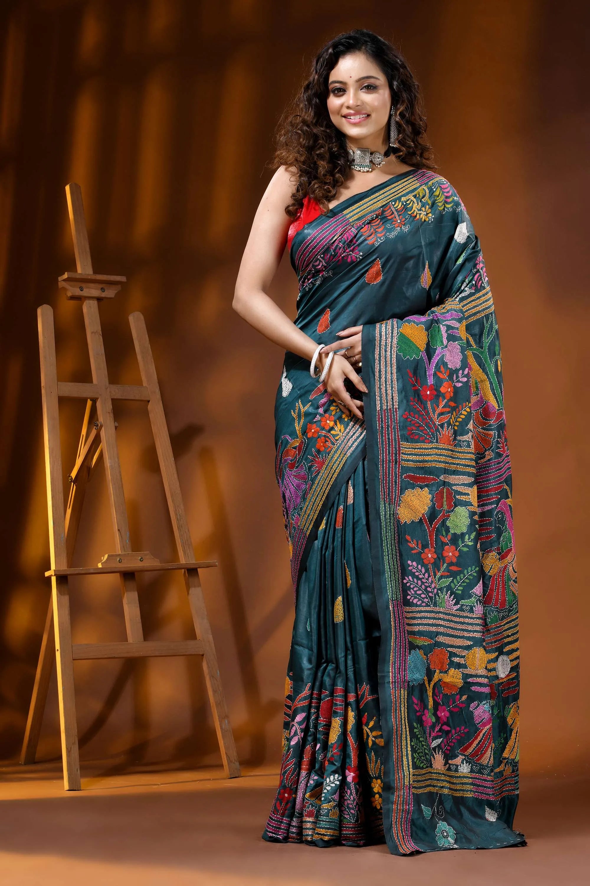 Jungle green artisanal village theme handcrafted silk kantha stitch saree 6