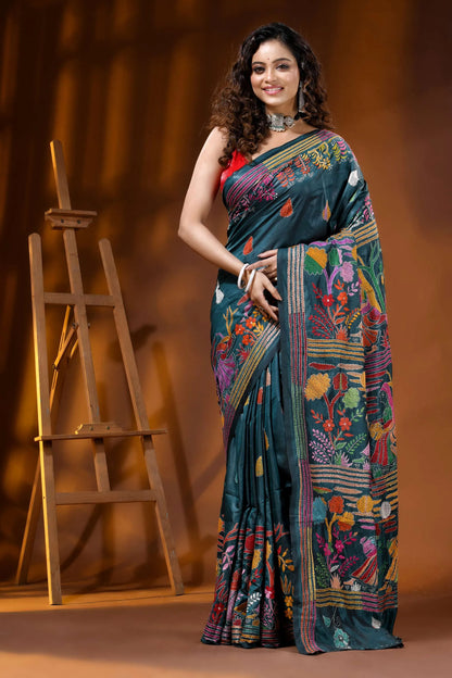 Jungle green artisanal village theme handcrafted silk kantha stitch saree 6