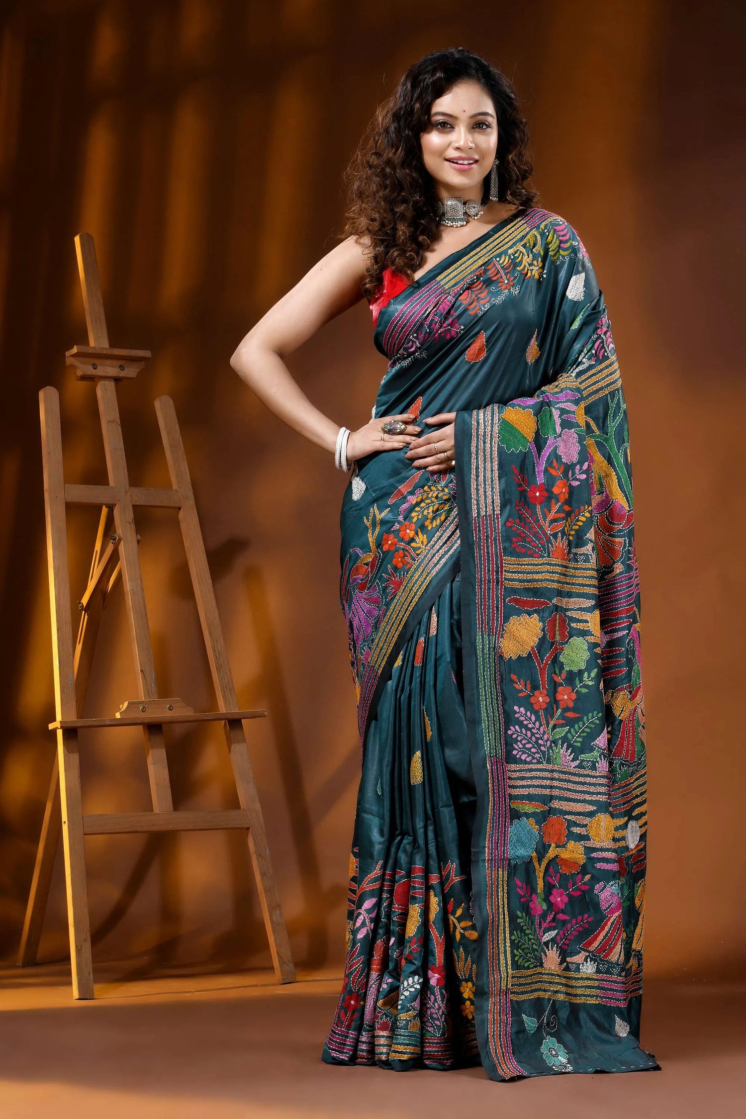 Jungle green artisanal village theme handcrafted silk kantha stitch saree 1