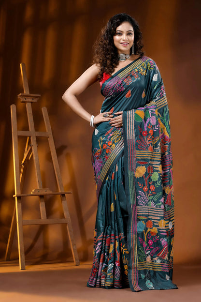 Jungle green artisanal village theme handcrafted silk kantha stitch saree 1