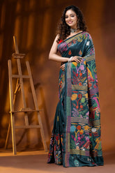Jungle green artisanal village theme handcrafted silk kantha stitch saree 3