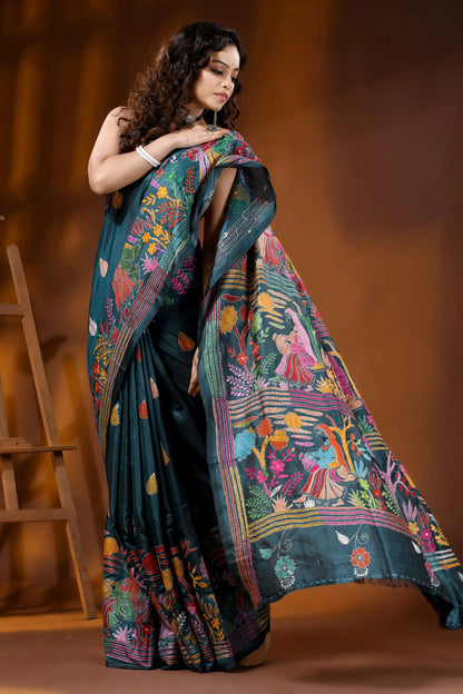 Jungle green artisanal village theme handcrafted silk kantha stitch saree 5