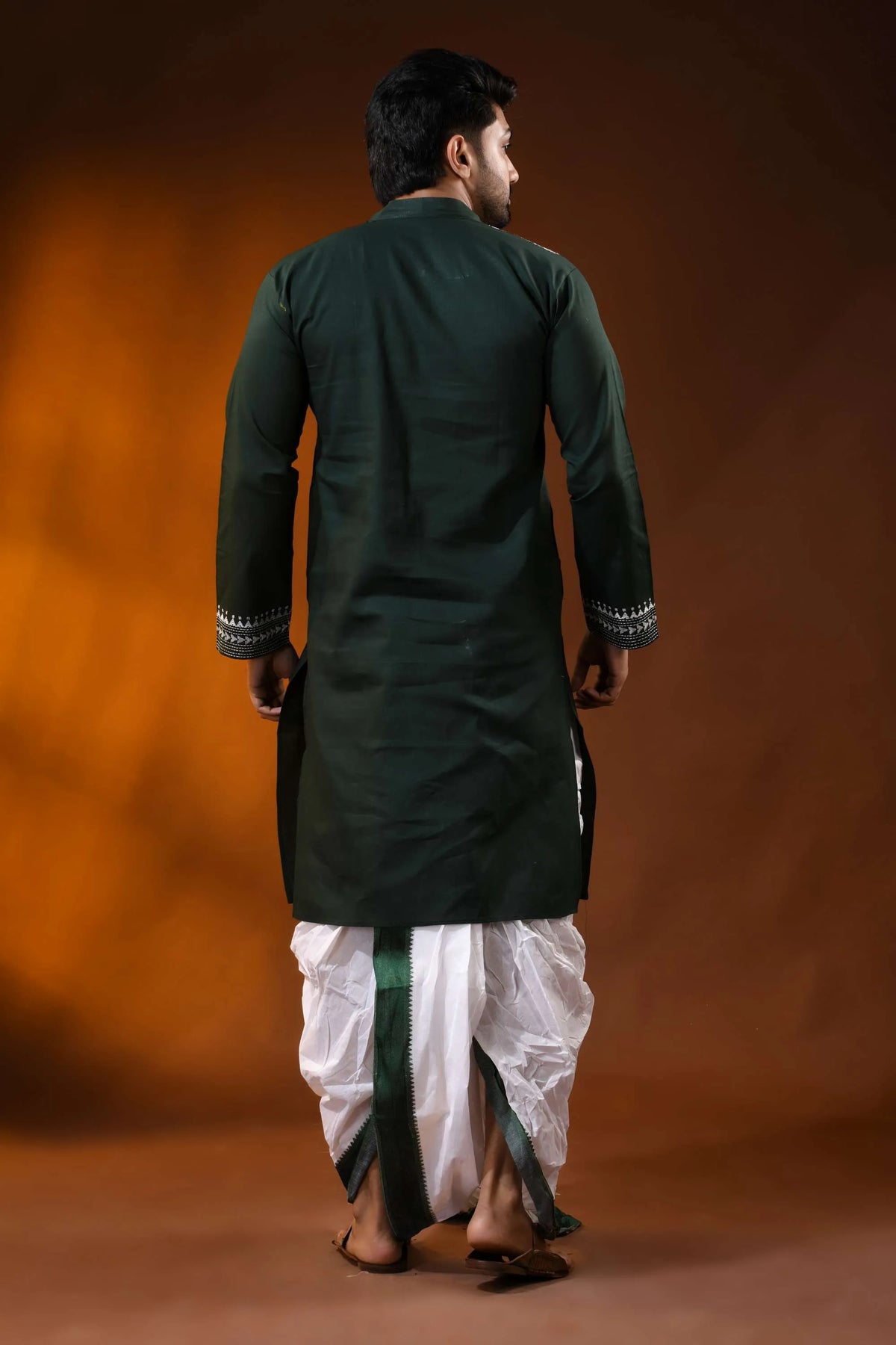 Jungle green cotton kantha punjabi for men white mandala embroidery 5