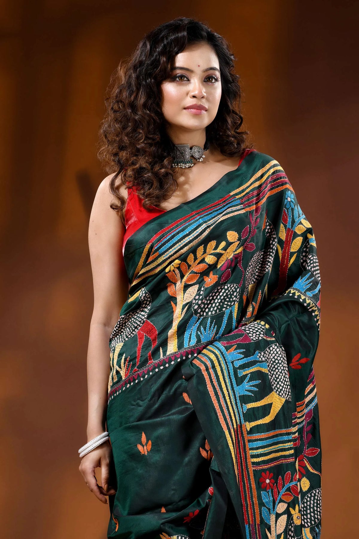 Jungle green deer motif hand embroidered silk kantha saree 2
