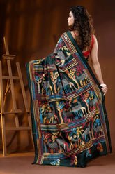 Jungle green deer motif hand embroidered silk kantha saree 5