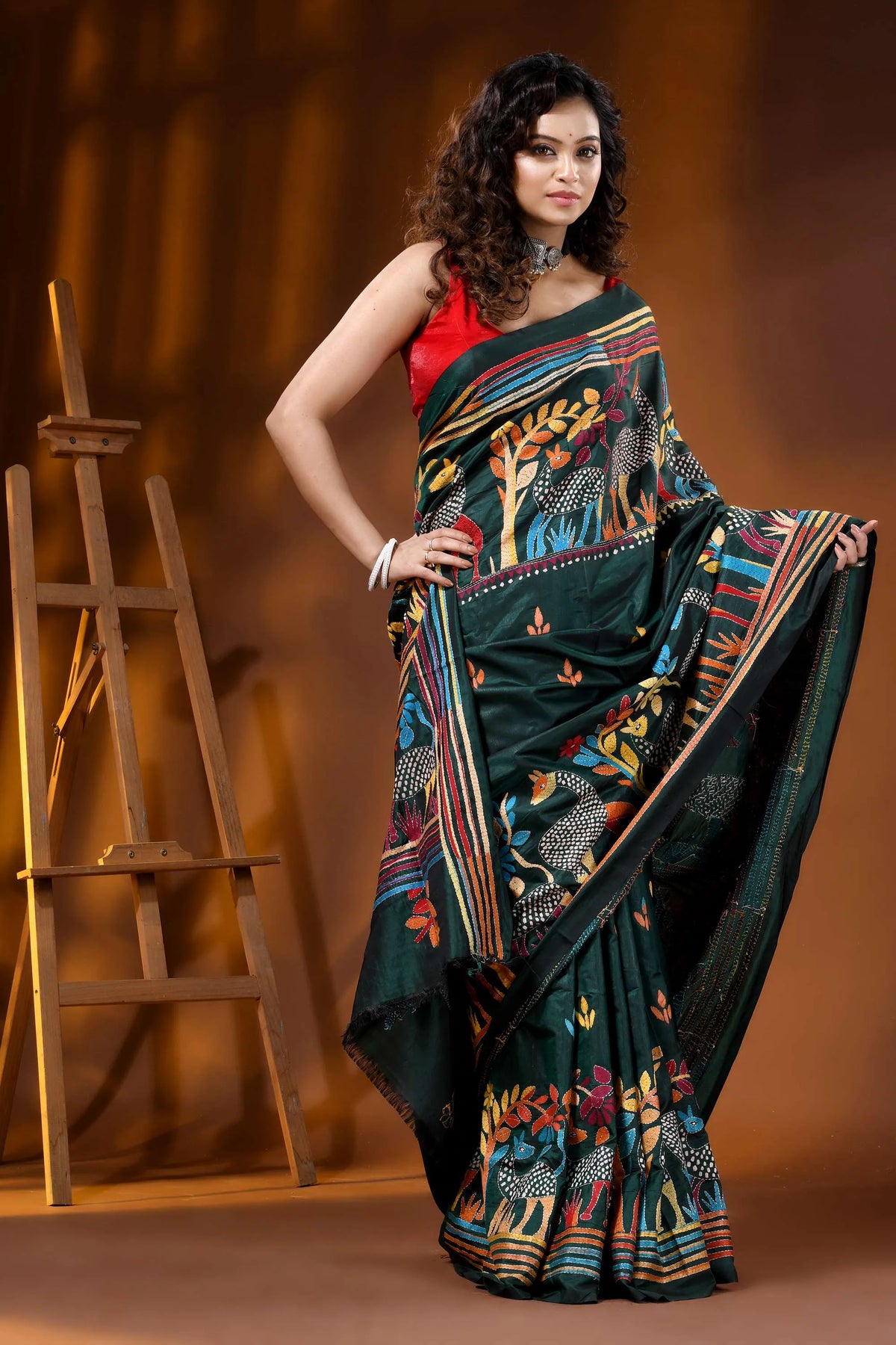 Jungle green deer motif hand embroidered silk kantha saree 1