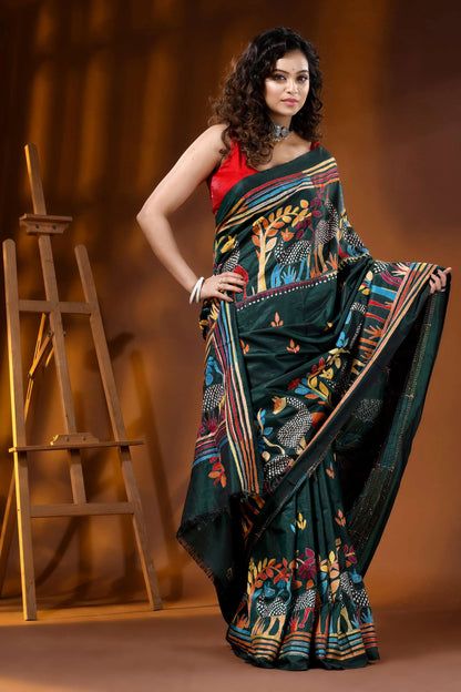 Jungle green deer motif hand embroidered silk kantha saree 1