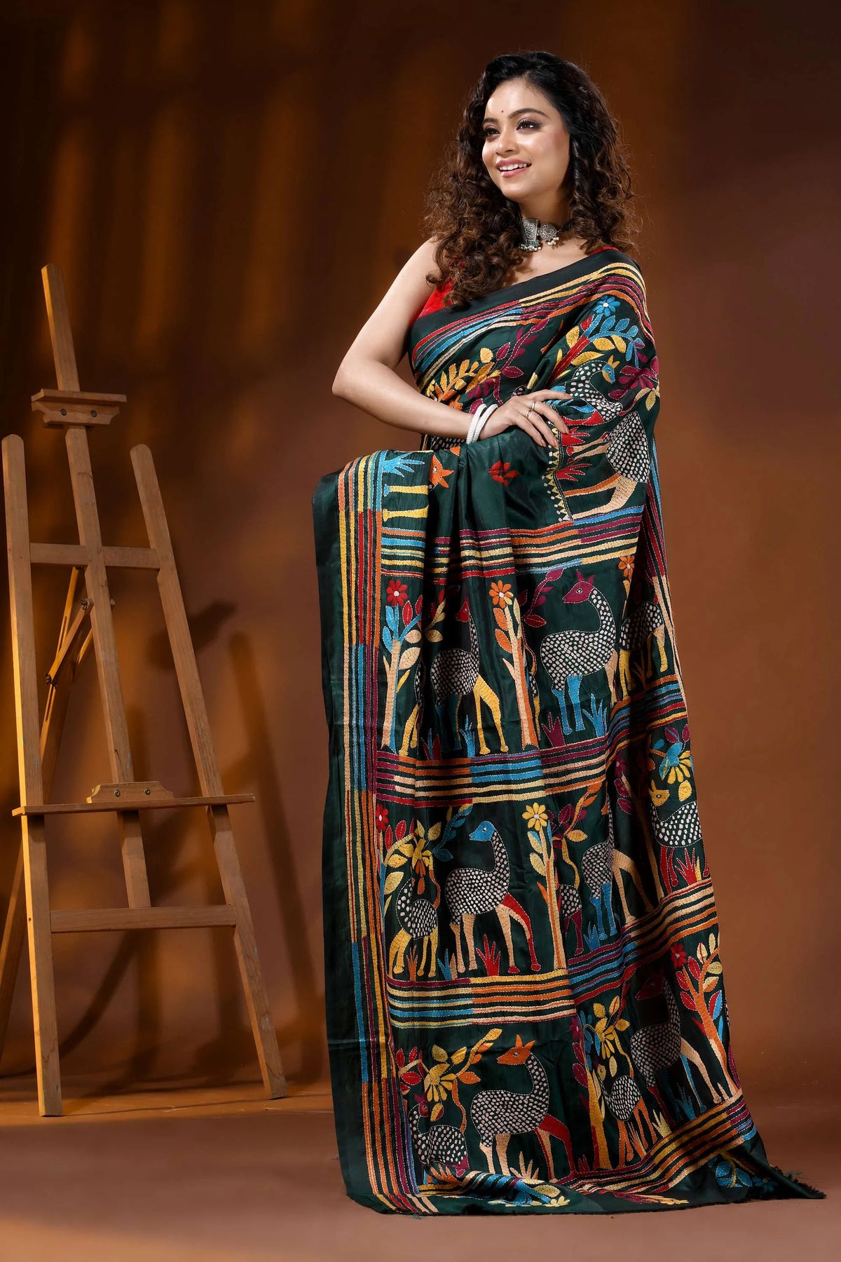 Jungle green deer motif hand embroidered silk kantha saree 4