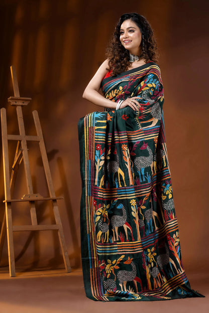 Jungle green deer motif hand embroidered silk kantha saree 4