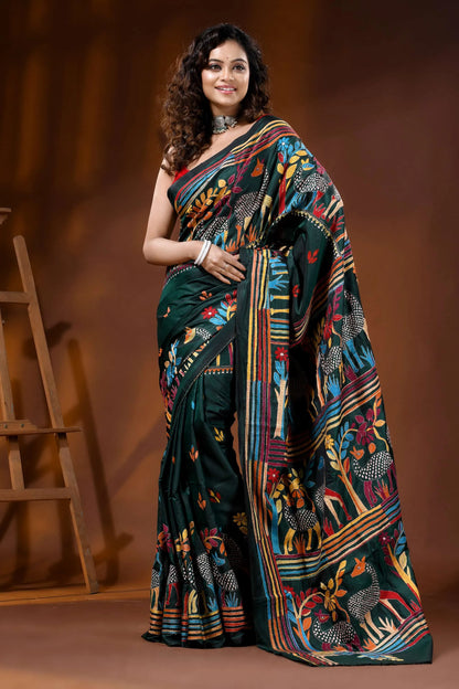Jungle green deer motif hand embroidered silk kantha saree 6