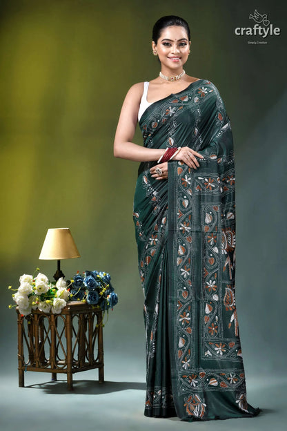 Jungle green elephant pattern silk kantha work saree dark green sari intricate floral 1