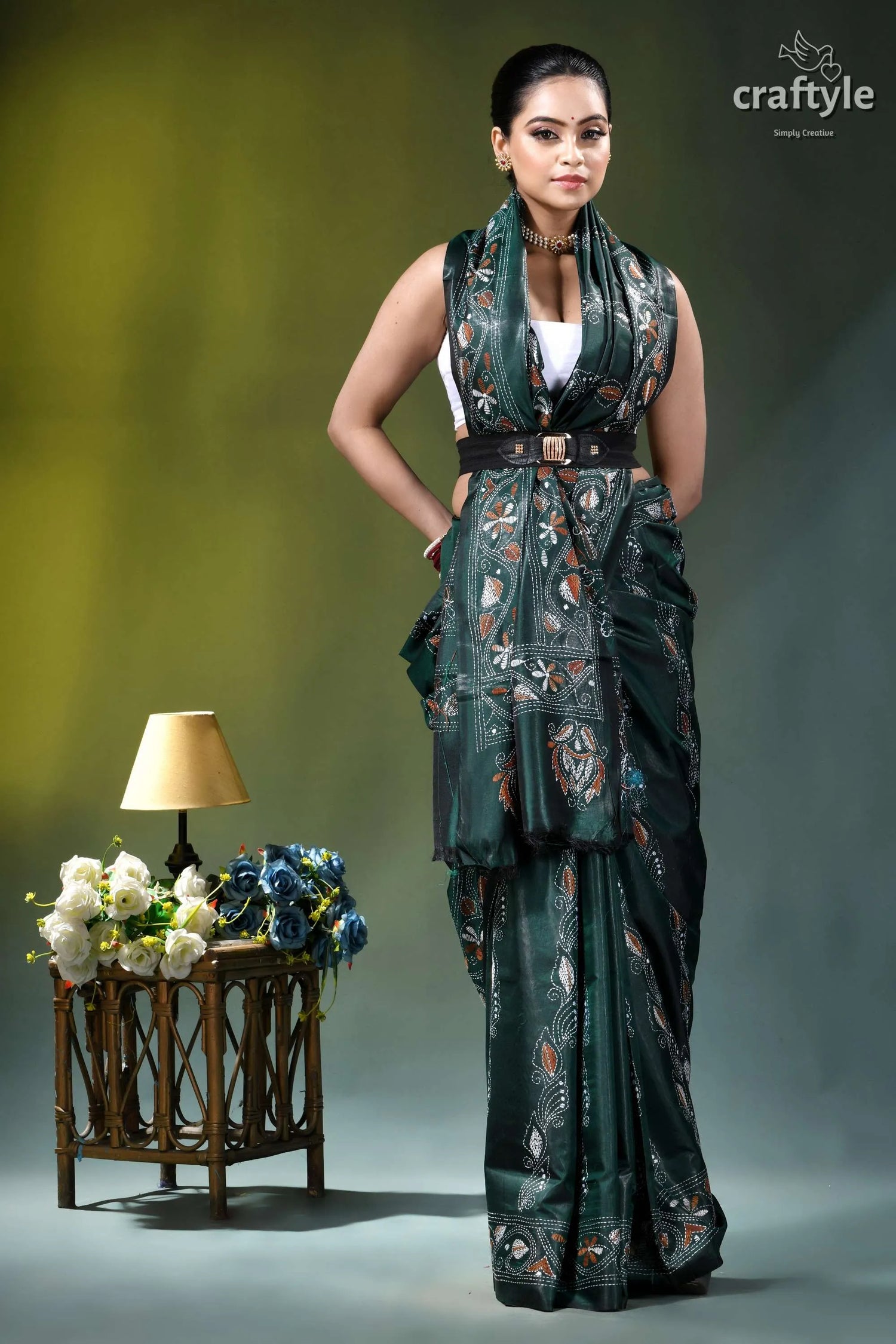 Jungle green elephant pattern silk kantha work saree woman wears dark green intricately 7