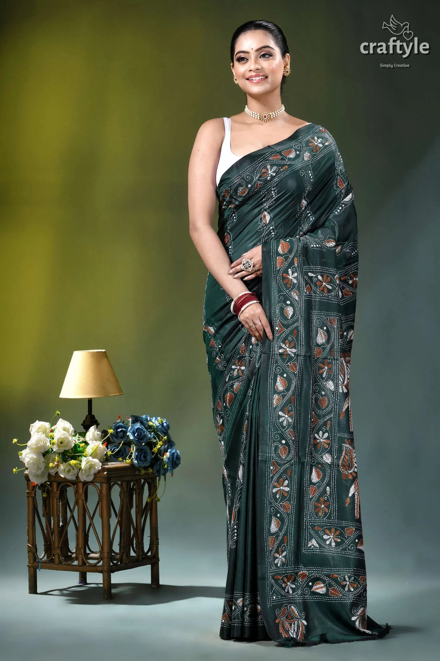 Jungle green elephant pattern silk kantha work saree dark green silk saree intricate 6