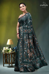 Jungle green elephant pattern silk kantha work saree elegant dark green saree intricate 3