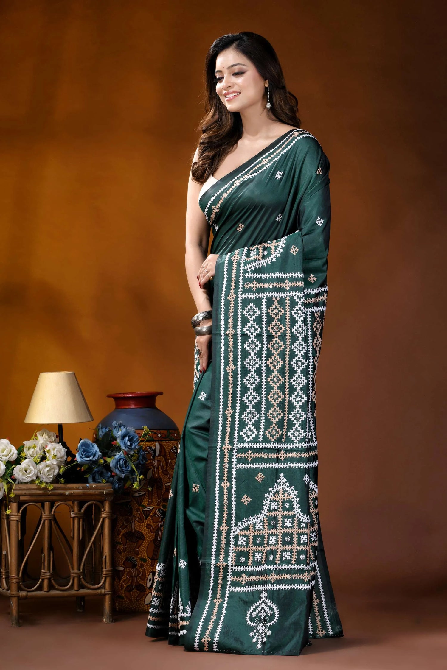 Jungle green ethnic motif handcrafted gujrati stitch silk saree emerald green silk saree intricate 3