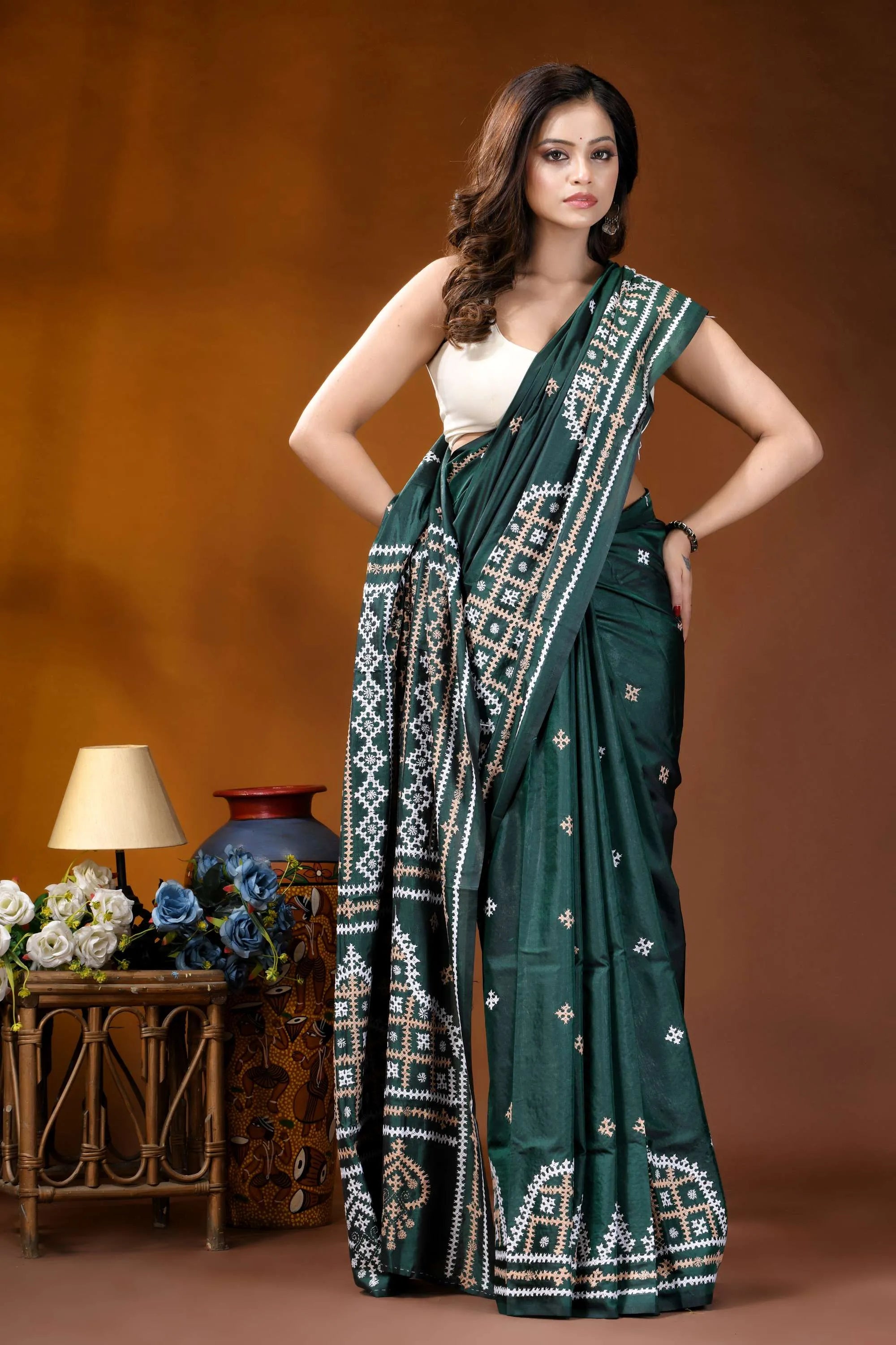 Jungle green ethnic motif handcrafted gujrati stitch silk saree emerald green silk saree intricate 4