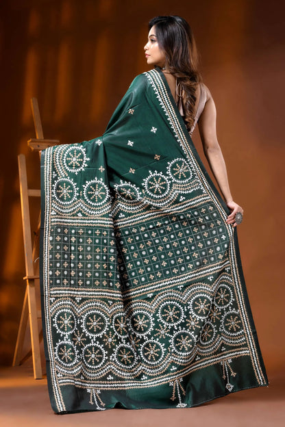 Jungle green ethnic silk gujarati stitch saree - hand embroidered 5