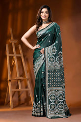 Jungle green ethnic silk gujarati stitch saree - hand embroidered 6