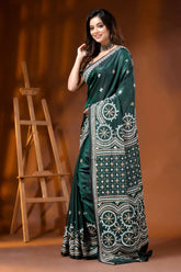 Jungle green ethnic silk gujarati stitch saree - hand embroidered 3