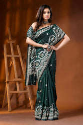 Jungle green ethnic silk gujarati stitch saree - hand embroidered 4