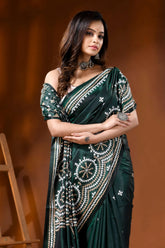 Jungle green ethnic silk gujarati stitch saree - hand embroidered 2