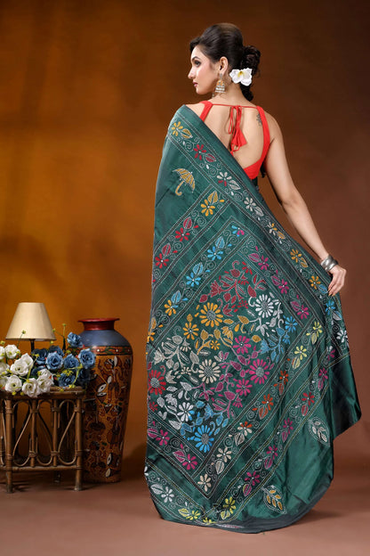 Jungle green floral design kantha stitch saree - hand embroidered emerald green silk saree intricate 4