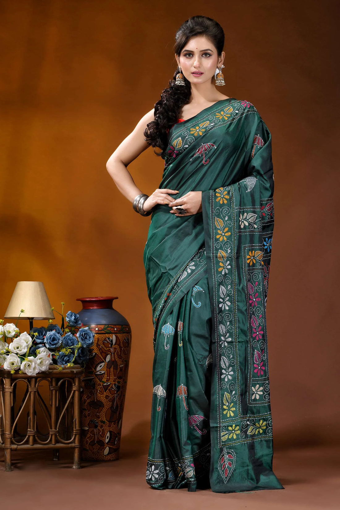 Jungle green floral design kantha stitch saree - hand embroidered emerald green silk saree adorned 1