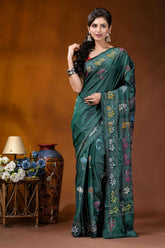 Jungle green floral design kantha stitch saree - hand embroidered emerald green silk saree intricate 2
