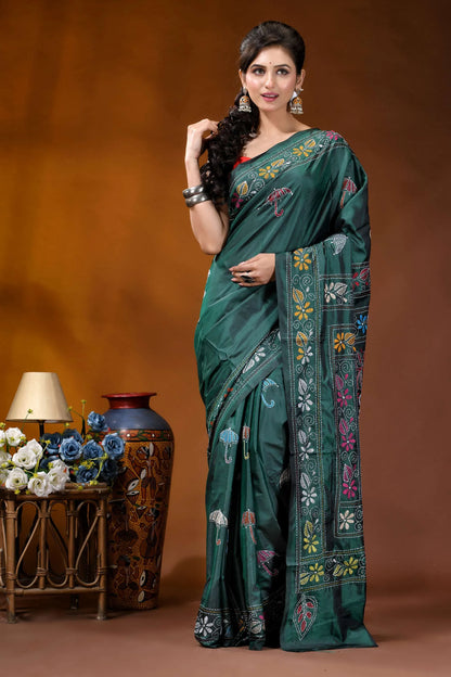 Jungle green floral design kantha stitch saree - hand embroidered emerald green silk saree intricate 2