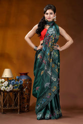 Jungle green floral design kantha stitch saree - hand embroidered emerald green silk saree intricate 5