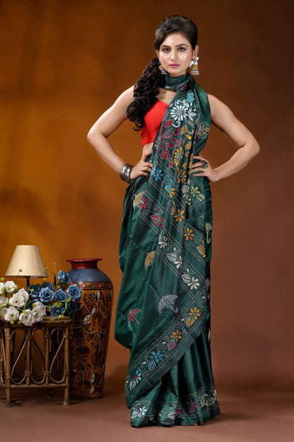 Jungle green floral design kantha stitch saree - hand embroidered emerald green silk saree intricate 5