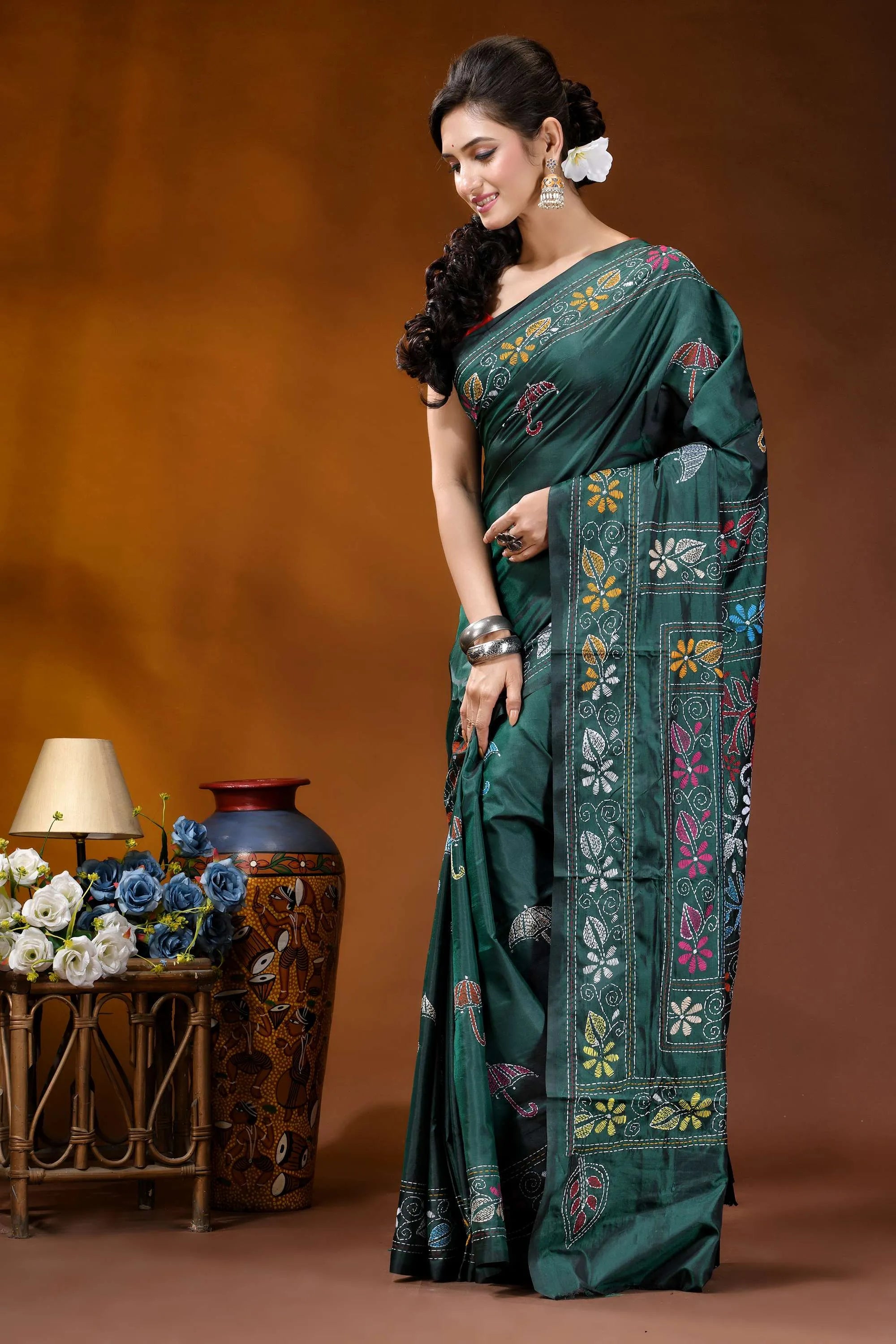 Jungle green floral design kantha stitch saree - hand embroidered emerald green silk saree intricate 3