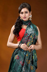 Jungle green floral design kantha stitch saree - hand embroidered vibrant green silk saree adorned 6