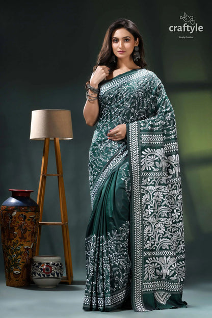 Jungle green flowery pattern authentic silk kantha stitch saree teal white saree intricate floral 1