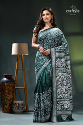 Jungle green flowery pattern authentic silk kantha stitch saree green white saree intricate floral 6