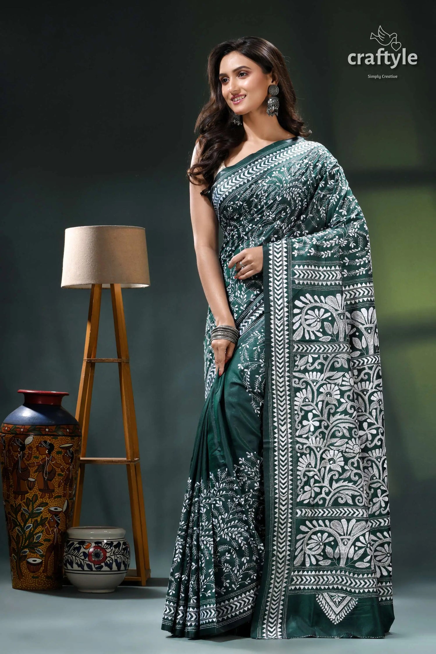 Jungle green flowery pattern authentic silk kantha stitch saree green white saree intricate floral 3