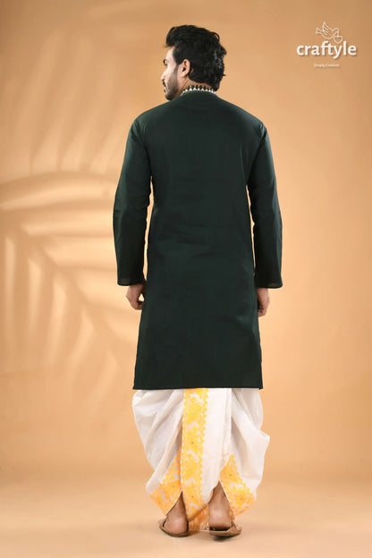 Jungle green hand embroidered cotton mens kurta man’s dark green kurta white 6