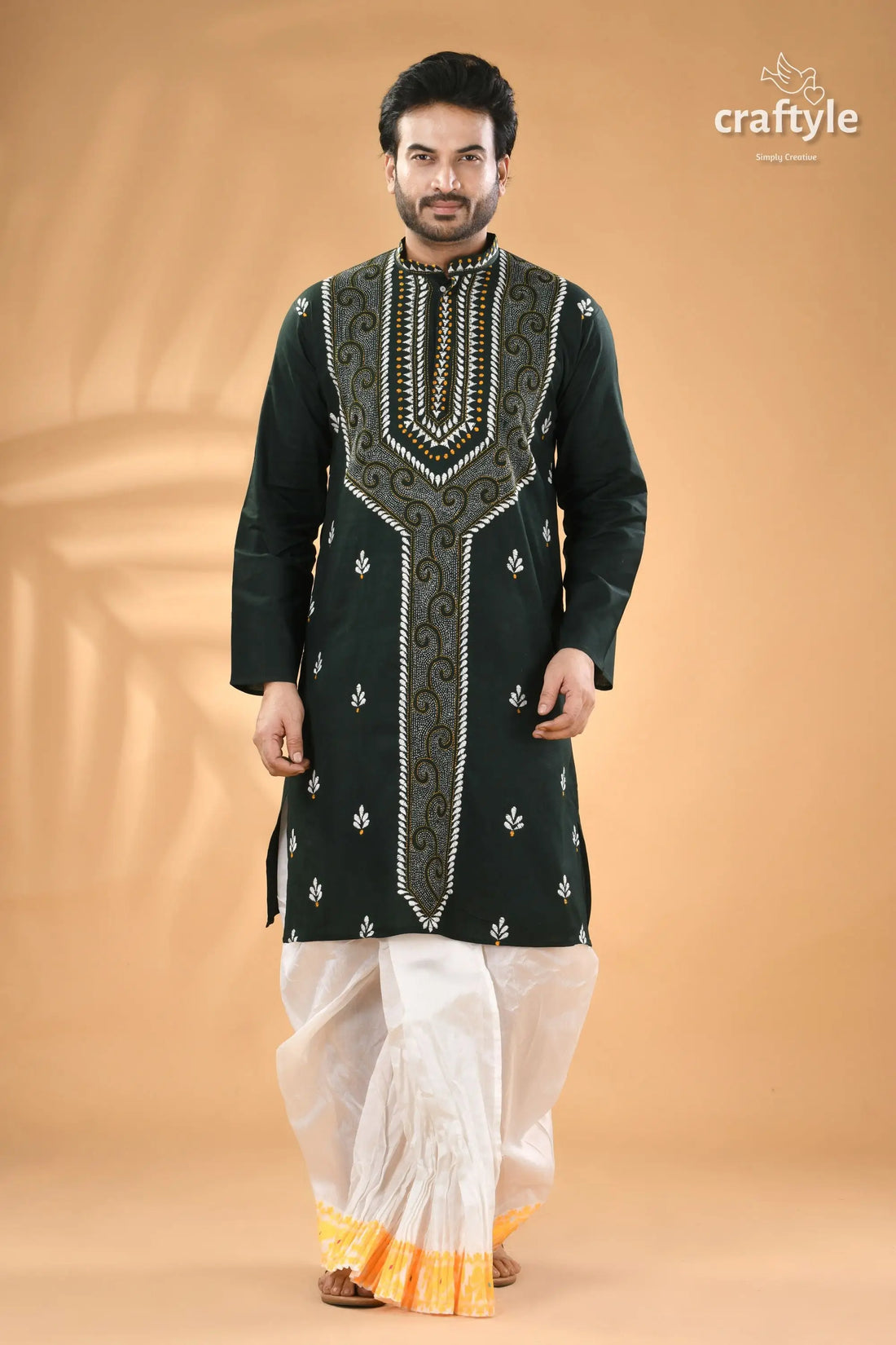 Jungle green hand embroidered cotton mens kurta men’s dark green embroidered kurta 1