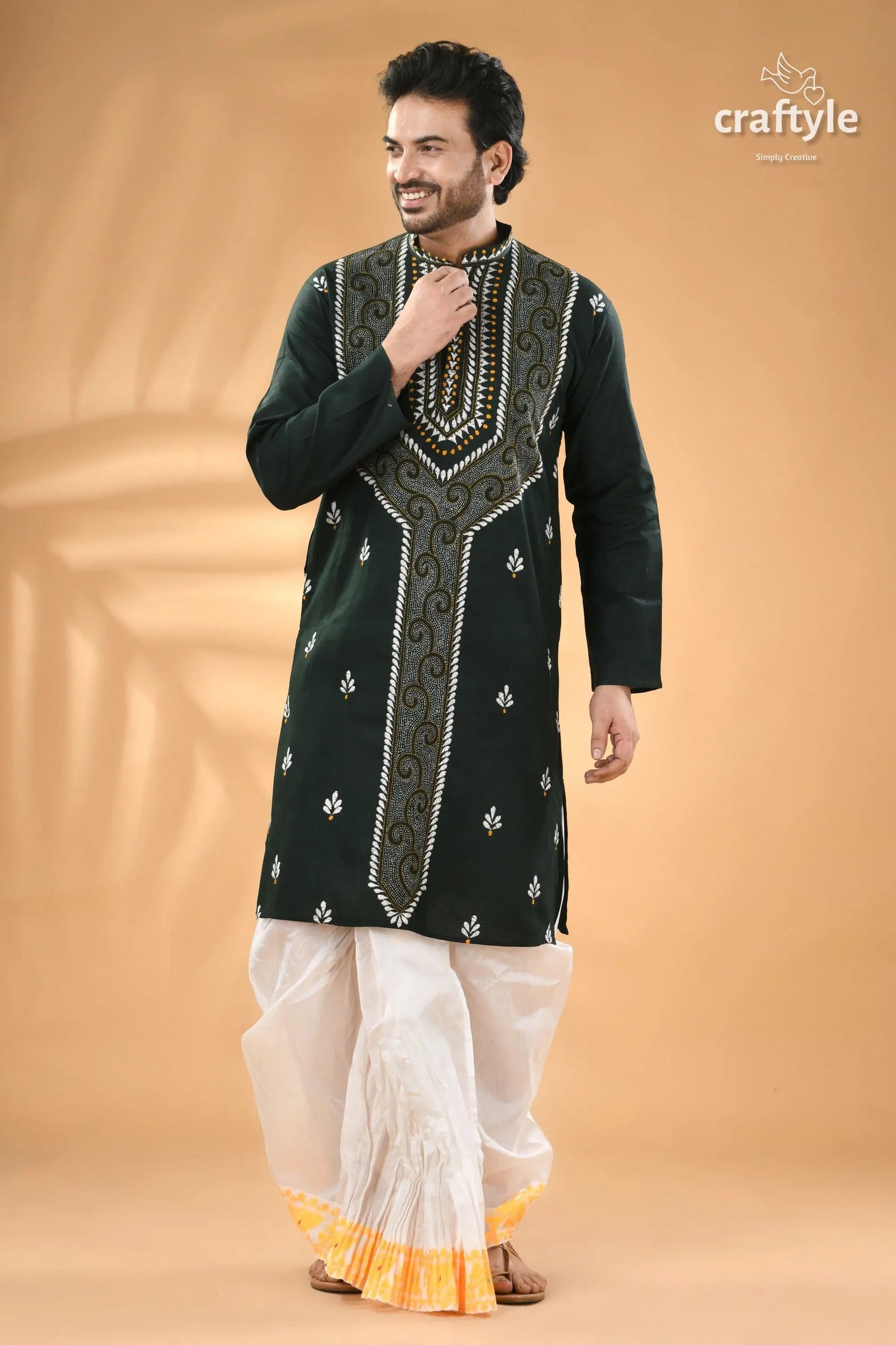 Jungle green hand embroidered cotton mens kurta men’s black embroidered kurta white 3