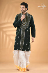 Jungle green hand embroidered cotton mens kurta men’s black embroidered kurta white 3