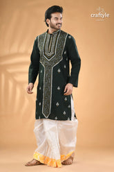 Jungle green hand embroidered cotton mens kurta men’s dark green embroidered kurta 5