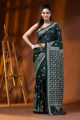 Jungle green handmade silk gujarati stitch saree - geometric design 1