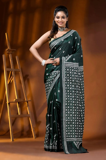 Jungle green handmade silk gujarati stitch saree - geometric design 1
