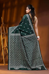 Jungle green handmade silk gujarati stitch saree - geometric design 5