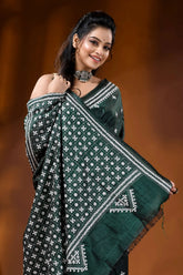 Jungle green handmade silk gujarati stitch saree - geometric design 2