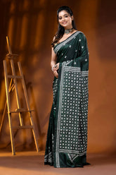 Jungle green handmade silk gujarati stitch saree - geometric design 3