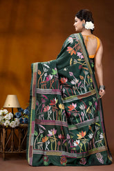 Jungle green lotus design handcrafted kantha embroidery silk saree dark green silk saree adorned 5