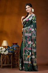 Jungle green lotus design handcrafted kantha embroidery silk saree dark green silk saree adorned 3