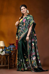 Jungle green lotus design handcrafted kantha embroidery silk saree dark green silk saree adorned 4